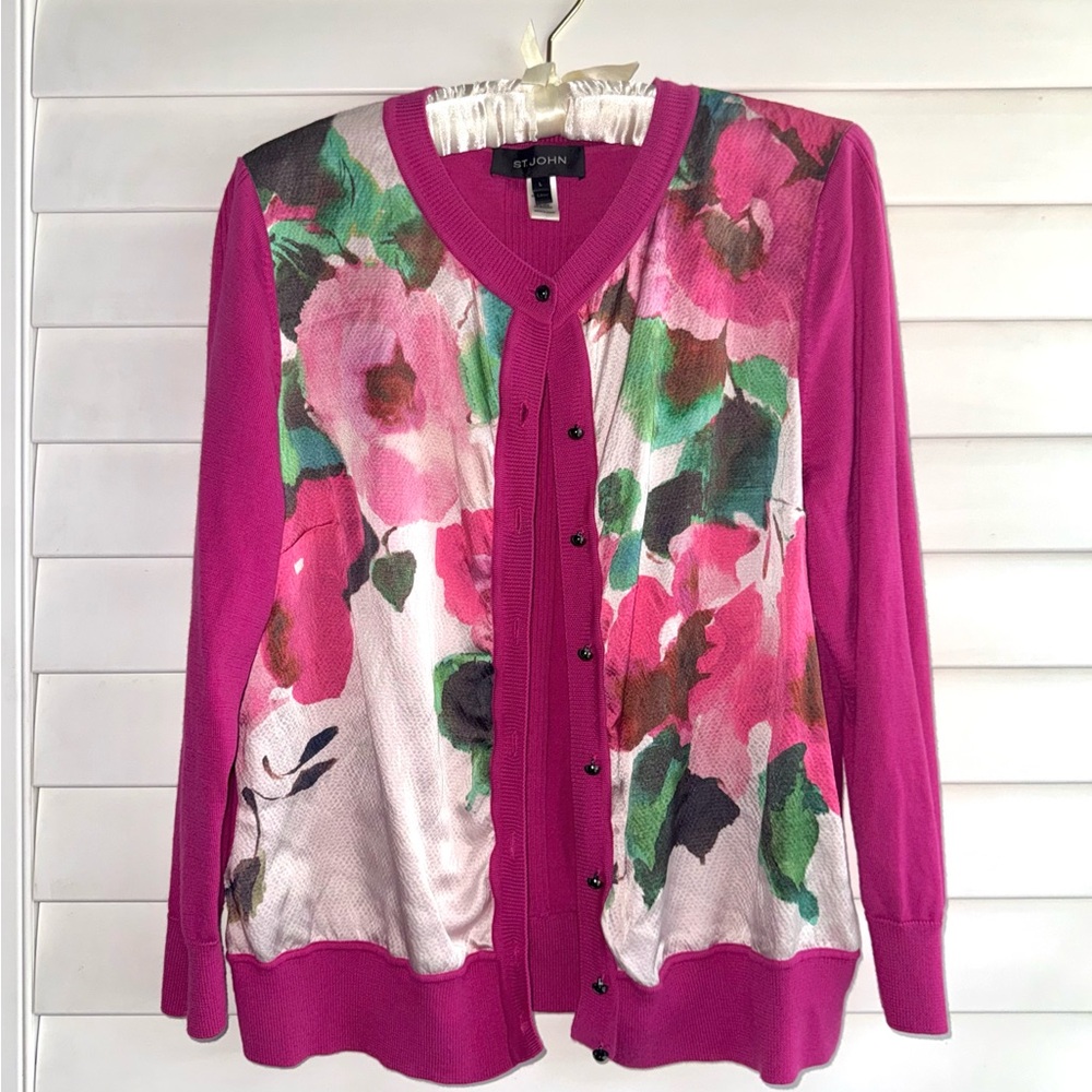 St. John L silk/wool cardigan fuschia magenta knit, multi-color floral print